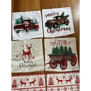 Set 6 Christmas Throw Pillow Covers Farmhouse Red Truck Reindeer Zippered Xmas